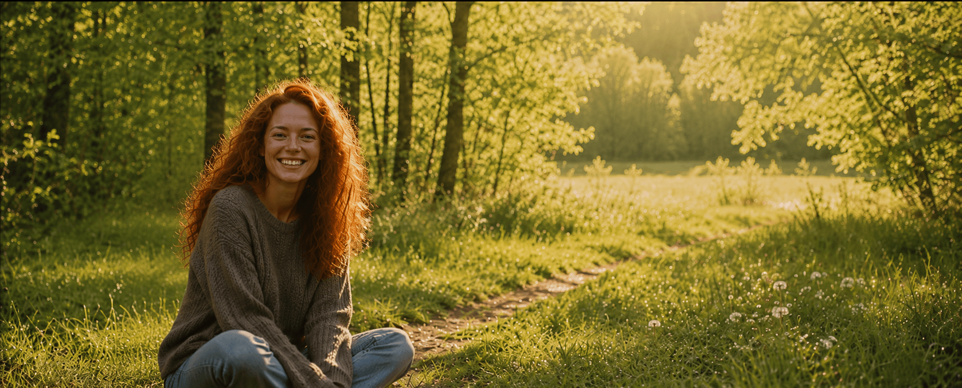 quintessence naturprodukte hero bild: rothaarige frau mit heller bluse auf waldlichtung sommer
